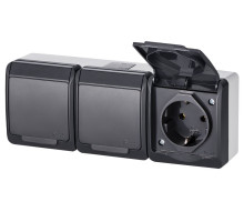 HERMES - Розетка 3x2P+E, 16A/250V, с крышкой, IP44, антрацит