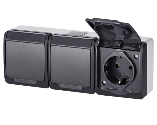 HERMES - Розетка 3x2P+E, 16A/250V, с крышкой, IP44, антрацит
