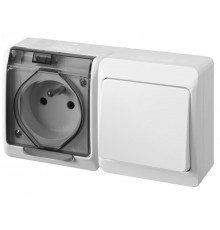 HERMES - Выключатель 10A/250V + Розетка 2P+E, 16A/250V, с прозрачной крышкой, IP44, белый