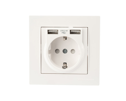 Rita - Розетка 2P+E, с 2хUSB 2,4A (однопостовой монтаж в комплекте с рамкой), белая