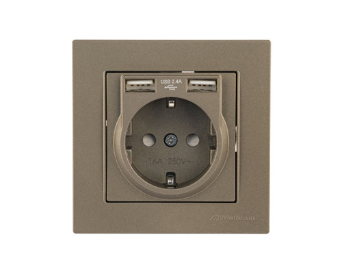 Rita - Розетка 2P+E, с 2хUSB 2,4A (однопостовой монтаж в комплекте с рамкой), антрацит