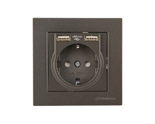 Rita - Розетка 2P+E, с 2хUSB 2,4A (однопостовой монтаж в комплекте с рамкой), дымчатый