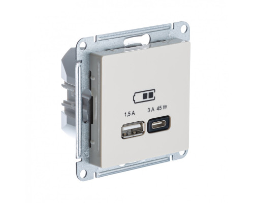 ATLASDESIGN USB РОЗЕТКА A + тип-C 45Вт высокоскор.заряд. QC,PD, мех., БЕЖЕВЫЙ