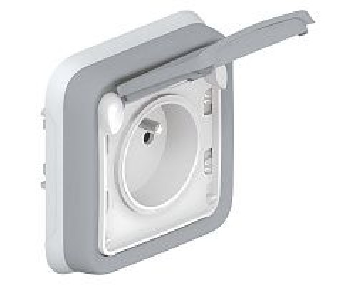PLEXO - Розетка 2P+E, IP55, фр. стандарт, встроенный монтаж, в сборе, пруж. зажимы, серый | арт.069831