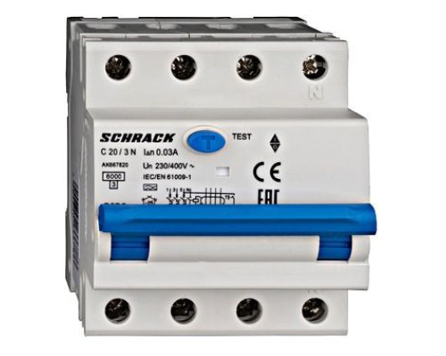 AK 6кА 3P+N С 20A/30mA 4М Дифференциальный автоматический выключатель тип A