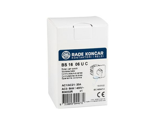 Переключатель BS 16 06 U, 2P, 20A, тип 0-1 (90°), 2NO на 1, 2.5kW(230VAC по АС-23), на дверь, фронт IP40 | арт.EAC604032R