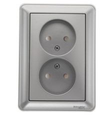 Розетка 2-местная, без заземления со шторками с рамкой Schneider Electric Wessen59 RS16-254-58 Матовый хром | арт.RS16-254-58