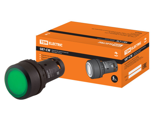 Кнопка SB7-CW3361-220V(LED) d22мм 1з, зеленая TDM | арт.SQ0746-0025