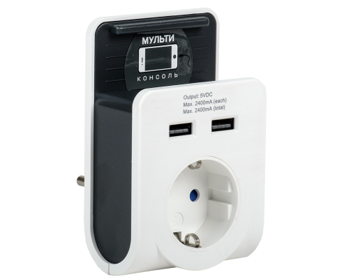 Адаптер Т-02/01 1 место 2P+PE 16А 2хUSB 2,4А с подставкой белый IEK