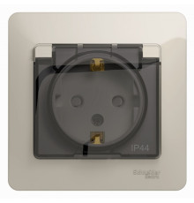 Розетка с заземлением со шторками с крышкой с рамкой влагозащищенная IP44 Glossa GSL000948 Молочный